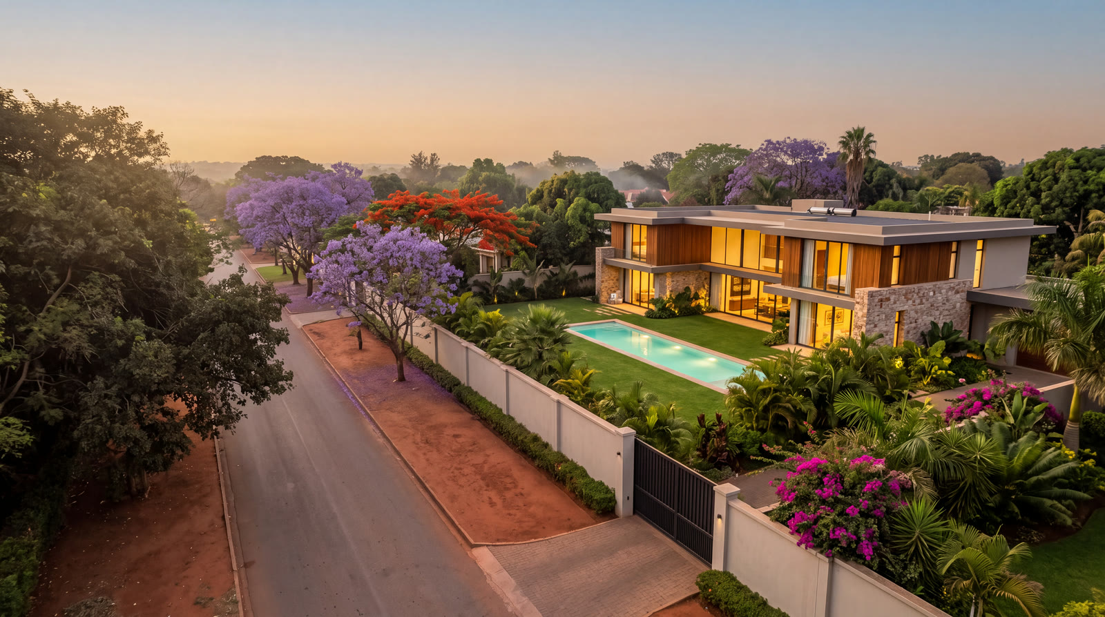 Illustration : villa contemporaine au coucher du soleil derrière son mur d’enceinte, sur une avenue bordée de jacarandas